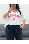 T-SHIRT OVERSIZE COTON FLOCAGE BOHEME PE2560 FUSHIA