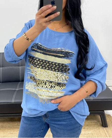 PE0400 LOSSE VISCOSE FLOCKING TOP BLAUWE JEANS