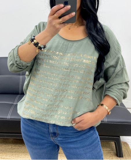 T-SHIRT BIMATERIALE CON SCRITTE IN ORO PE0798 KAKI