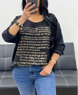 T-SHIRT BI-MATERIALE SCRITTA ORO PE0798 NERA