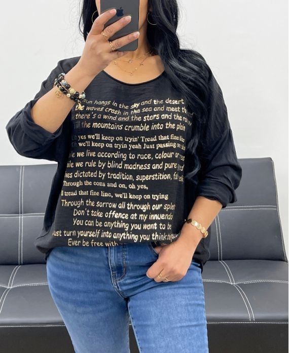 CAMISETA BIMATERIAL DE ESCRITURA DORADA PE0798 NEGRO