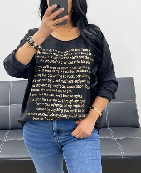GOUD SCHRIJVEN BI-MATERIAAL T-SHIRT PE0798 ZWART