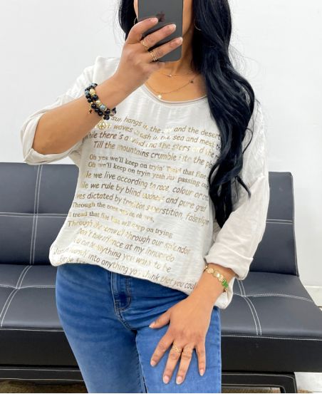T-SHIRT UIT TWEE MATERIALEN MET GOUDEN OPSCHRIFT PE0798 BEIGE