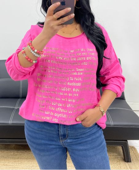 T-SHIRT UIT TWEE MATERIALEN ECRITURES GOUD PE0798 FUSHIA