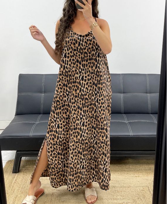 ROBE LONGUE FENTES EFFET SATIN FENTES PE2097 LEOPARD-1