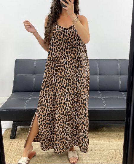 LANGES KLEID MIT SCHLITZ IN SATINOPTIK PE2097 LEOPARD-1