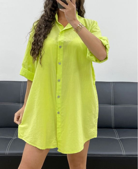 PE2573 CAMICIA LUNGA IN MORBIDO COTONE VERDE LIME