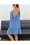 PE2528 VLOEIENDE VISCOSE STRAPPY JURK BLAUWE JEANS