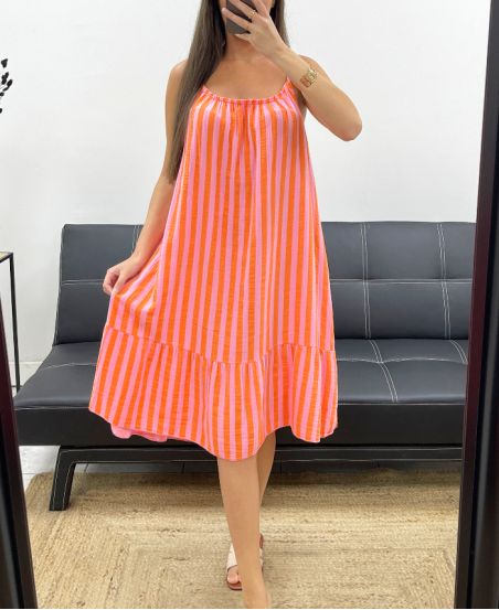 ABITO IN GARZA DI COTONE RIGHE FLUO PE2041 ARANCIO