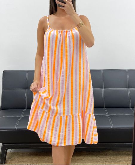 ABITO IN GARZA DI COTONE RIGHE FLUO PE2041 LILA