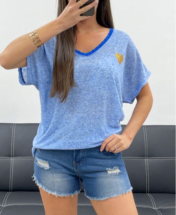 HEATHER FABRIC HEART T-SHIRT PÉ1681 KONINGSBLAUW
