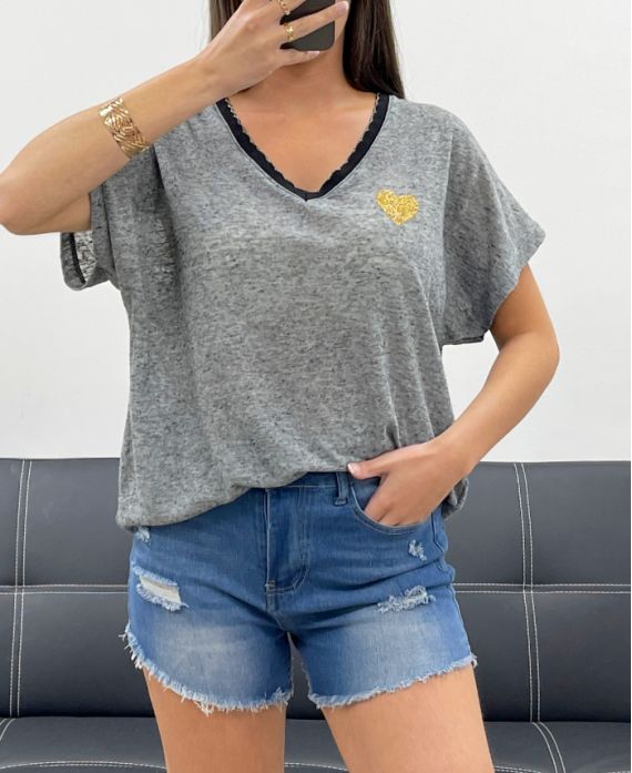 HEATHER FABRIC HEART T-SHIRT PE1681 ZWART