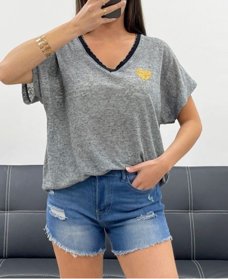 HEATHER FABRIC HEART T-SHIRT PE1681 ZWART