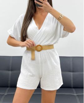 TRAJE DE GASA DE ALGODÓN + CINTURÓN LIBRE PE2033 BLANCO