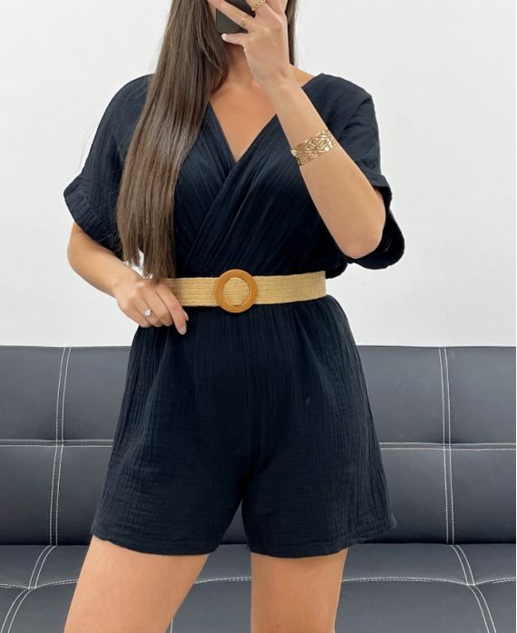 TRAJE DE GASA DE ALGODÓN + CINTURÓN OFRECIDO PE2033 NEGRO