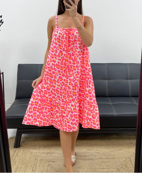 LEO NEON KATOENEN GAAS JURK SS2042 FUSHIA