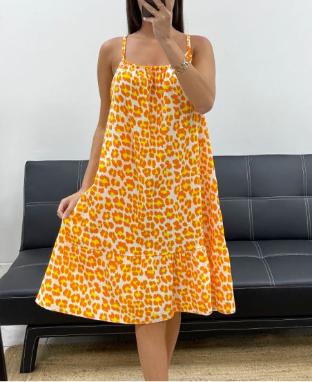 VESTIDO DE GASA DE ALGODÓN NEÓN LEO PE2042 NARANJA