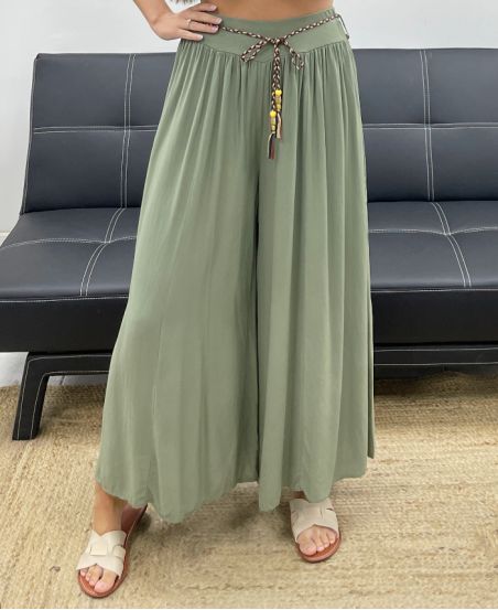 VLOEIENDE WIJDE BROEK + STROPDAS PE2487 KHAKI