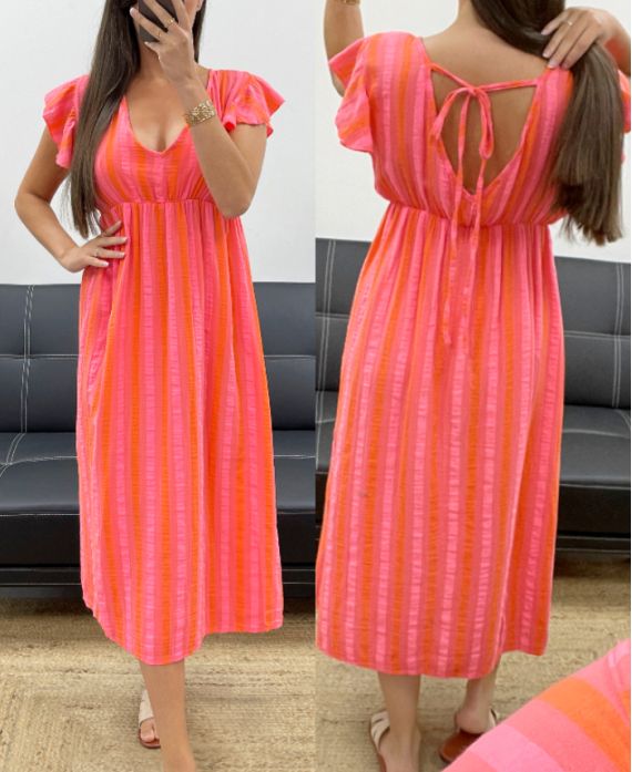 ABITO IN GARZA DI COTONE RIGHE FLUO PE2082 ROSA