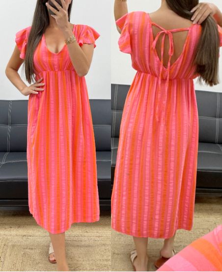 KATOENEN GAAS JURK NEON STRIPES PE2082 ROZE