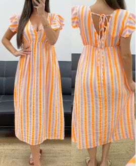 ROBE GAZE DE COTON RAYURES NEON PE2082 ORANGE