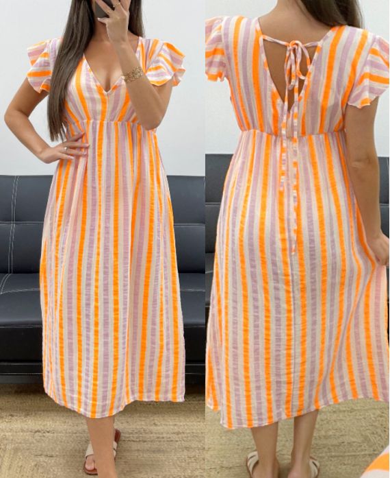 ROBE GAZE DE COTON RAYURES NEON PE2082 ORANGE