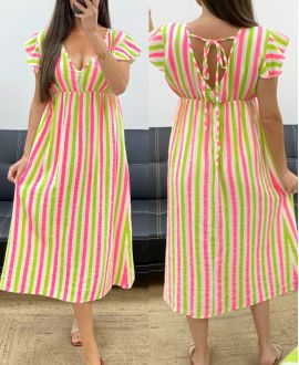 ROBE GAZE DE COTON RAYURES NEON PE2082 VERT