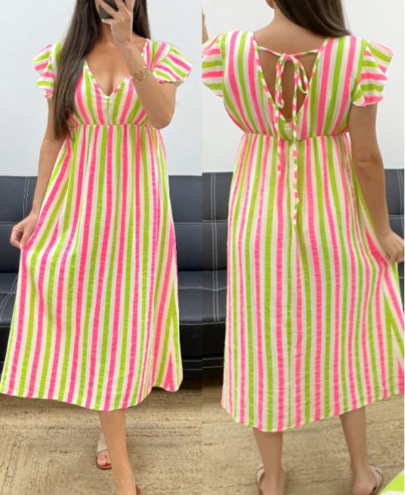 ROBE GAZE DE COTON RAYURES NEON PE2082 VERT