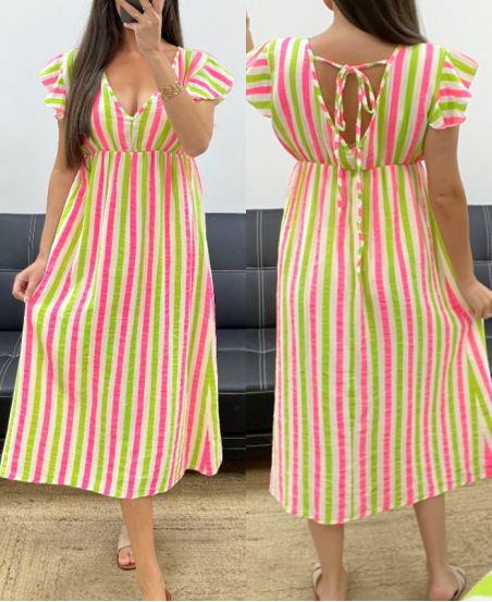 KATOENEN GAAS JURK NEON STRIPES PE2082 GROEN