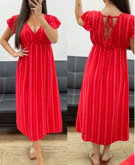 ABITO IN GARZA DI COTONE RIGHE FLUO PE2082 ROSSO