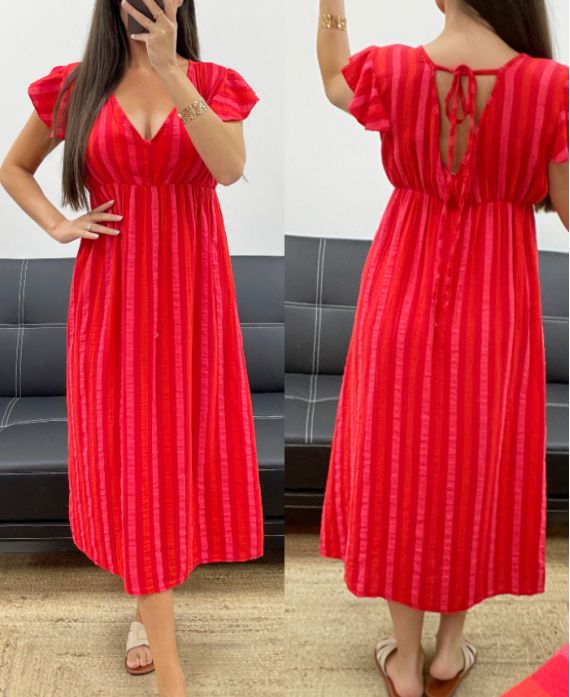 ABITO IN GARZA DI COTONE RIGHE FLUO PE2082 ROSSO
