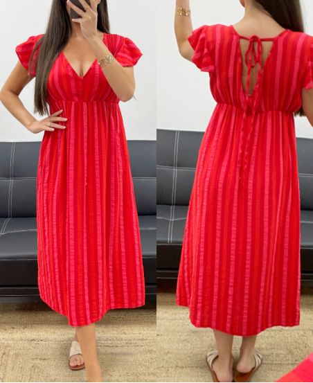 KATOENEN GAAS JURK NEON STRIPES PE2082 ROOD