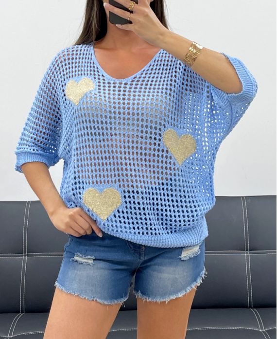JERSEY DE PUNTO CORAZÓN DE LÚREX PE0159 AZUL CIELO