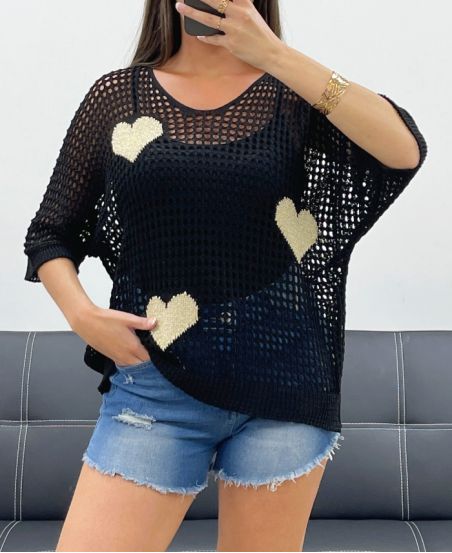 MAGLIA IN MAGLIA A CUORE IN LUREX PE0159 NERO