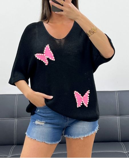 PULL MAILLE FINE CLOUTE PAPILLON PE0096 NOIR