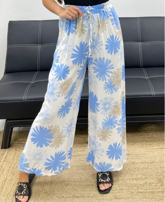 PANTALON PALAZZO FLOWERS PE5298 BLEU CLAIR