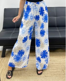 PANTALON PALAZZO FLOWERS PE5298 BLEU ROYAL