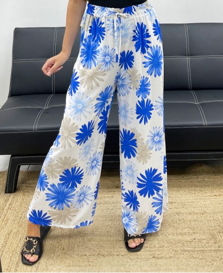 PANTALON PALAZZO FLOWERS PE5298 BLEU ROYAL
