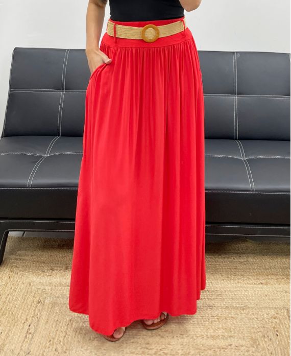2-POCKET LONG SKIRT + FREE BELT PE5269 RED