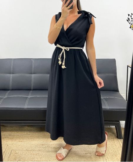 LANGES KLEID MIT V-AUSSCHNITT 2 KNOTEN PE5284 SCHWARZ