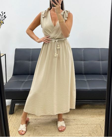 ABITO LUNGO CON SCOLLO A V 2 NODI PE5284 BEIGE
