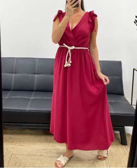 LONG DRESS WITH V NECKLINE 2 KNOTS PE5284 BURGUNDY