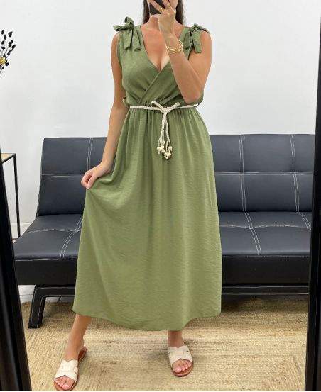 LANGES KLEID MIT V-AUSSCHNITT 2 KNOTEN PE5284 KAKI