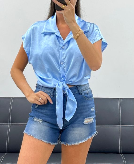 BLUSE AUS SATIN MIT KRAWATTE PE5251 HIMMELBLAU