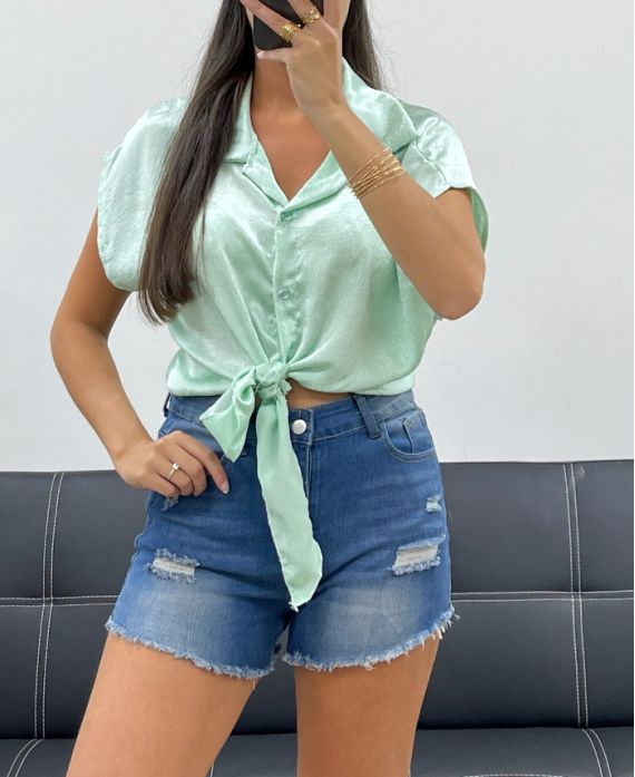 BLUSE MIT KRAWATTE AUS SATIN PE5251 PASTELLGRÜN