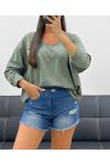 T-SHIRT OVERSIZE COL V COTON PE0782 KAKI