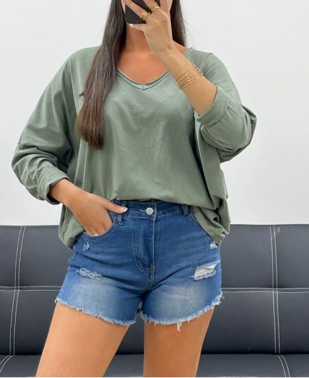 COTTON OVERSIZED V-NECK T-SHIRT PE0782 KHAKI