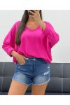 T-SHIRT OVERSIZE COL V COTON PE0782 FUSHIA