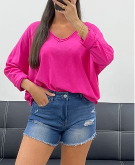 KATOENEN OVERSIZED T-SHIRT MET V-HALS PE0782 FUSHIA