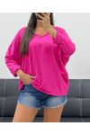 T-SHIRT OVERSIZE COL V COTON PE0782 FUSHIA